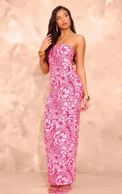 Pink Floral Printed Slinky Bandeau Maxi Dress
