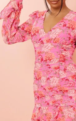 Pink Floral Ruched Detail Frill Hem Shift Dress