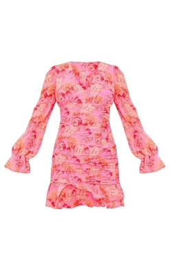 Pink Floral Ruched Detail Frill Hem Shift Dress