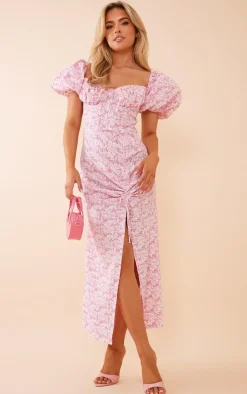 Pink Floral Satin Puff Sleeve Corset Ruched Midaxi Dress