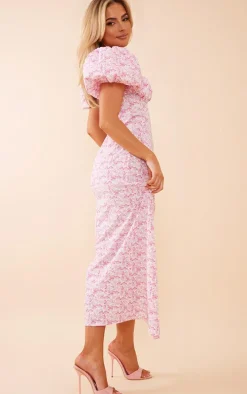 Pink Floral Satin Puff Sleeve Corset Ruched Midaxi Dress