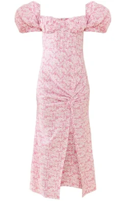 Pink Floral Satin Puff Sleeve Corset Ruched Midaxi Dress