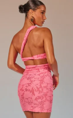 Pink Floral Sheer Burnout Asymmetric Ruched Bodycon Dress