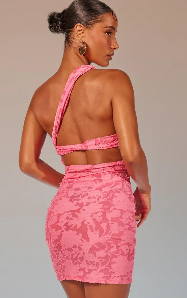 Pink Floral Sheer Burnout Asymmetric Ruched Bodycon Dress