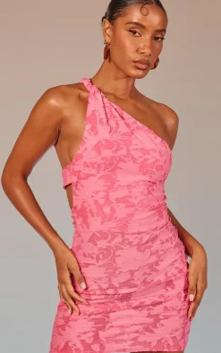 Pink Floral Sheer Burnout Asymmetric Ruched Bodycon Dress
