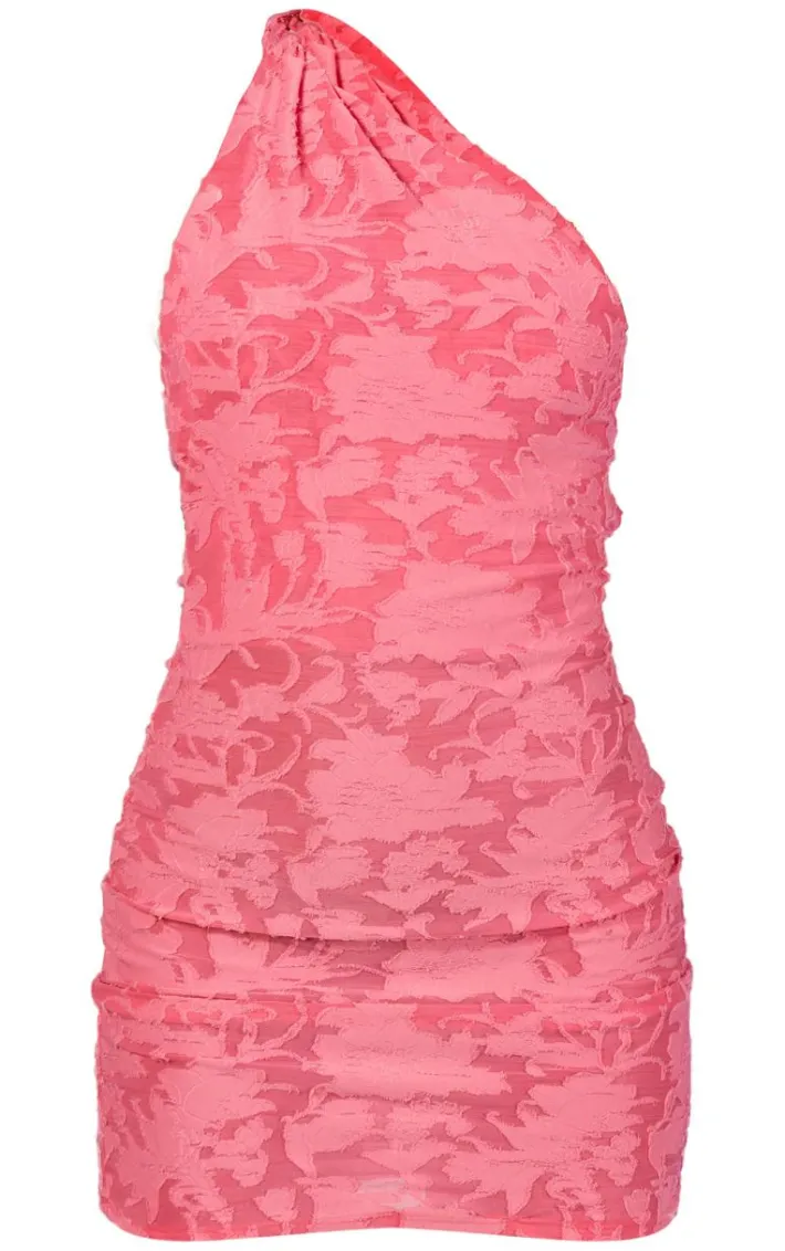 Pink Floral Sheer Burnout Asymmetric Ruched Bodycon Dress