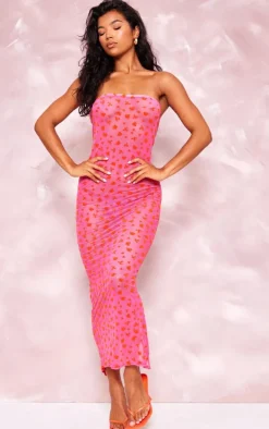Pink Floral Sheer Mesh Bandeau Midaxi Dress