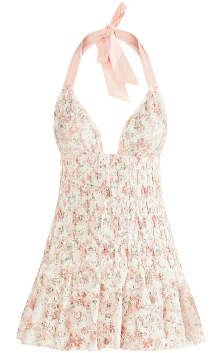 Pink Floral Textured Shirred Strappy Bodycon Dress