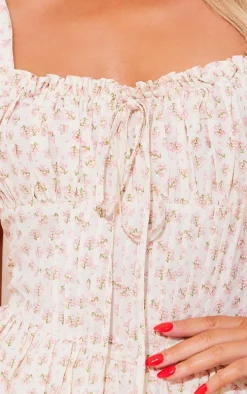 Pink Floral Tie Puff Hem Shift Dress