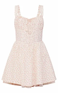 Pink Floral Tie Puff Hem Shift Dress
