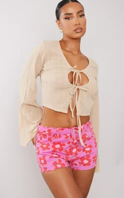 Pink Flower Print Denim Shorts