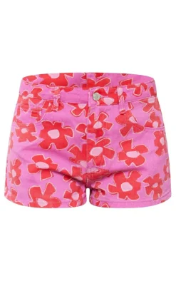 Pink Flower Print Denim Shorts