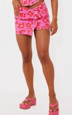 Pink Flower Printed Button Detail Denim Mini Skirt