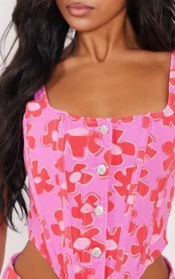 Pink Flower Printed Button Detail Boned Denim Corset Top