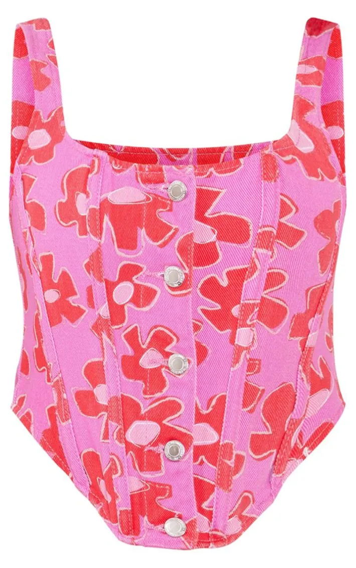 Pink Flower Printed Button Detail Boned Denim Corset Top