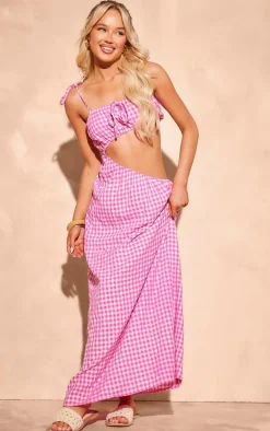 Pink Gingham Cut Out Maxi Dress