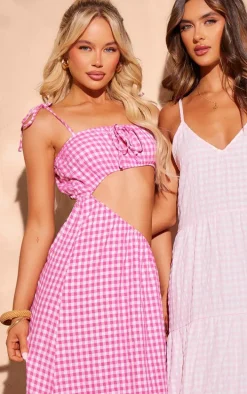 Pink Gingham Cut Out Maxi Dress