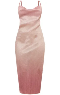 Pink Glitter Plisse Cowl Neck Maxi Dress