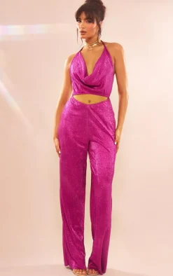 Pink Glitter Plisse Halterneck Cowl Cut Out Wide Leg Jumpsuit