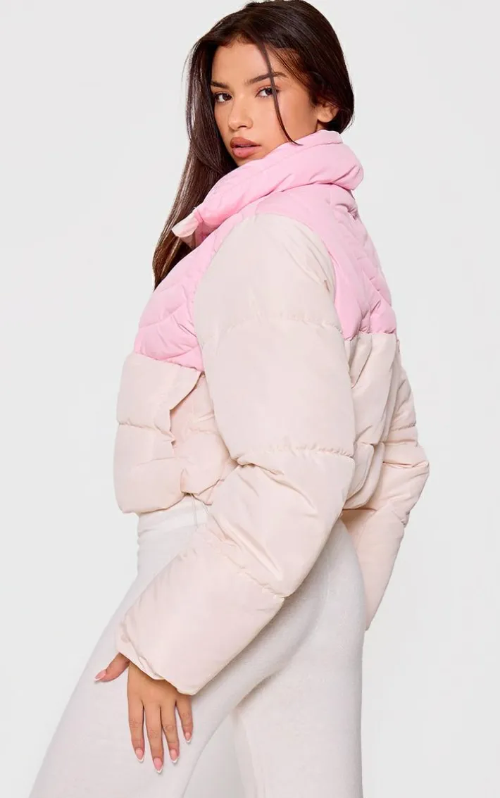 Pink Heart Detail Color Block Puffer Coat
