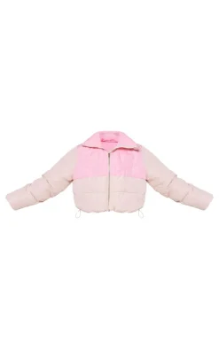 Pink Heart Detail Color Block Puffer Coat
