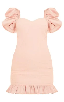 Pink Jacquard Puff Sleeve Dress