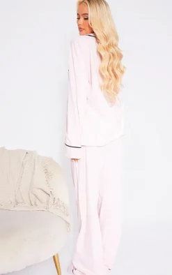 Pink Jersey Piping Detail Long PJ Set