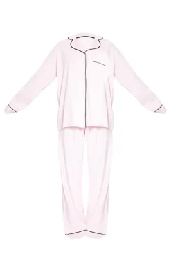 Pink Jersey Piping Detail Long PJ Set