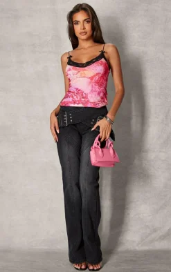 Pink Jersey Print Lace Trim Cami