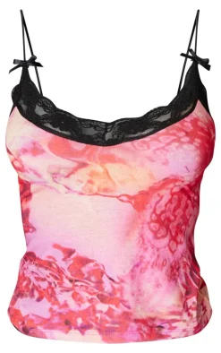 Pink Jersey Print Lace Trim Cami