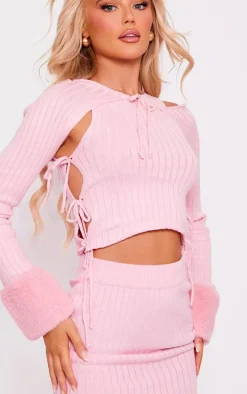 Pink Knit Lace Up Crop Top & Mini Skirt & Faux Fur Sleeves