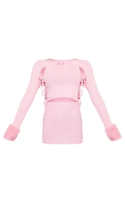 Pink Knit Lace Up Crop Top & Mini Skirt & Faux Fur Sleeves