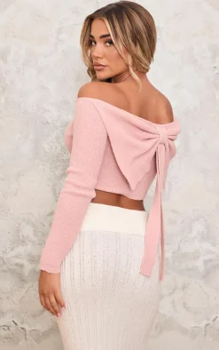 Pink Knitted Bow Back Bardot Top