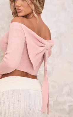 Pink Knitted Bow Back Bardot Top