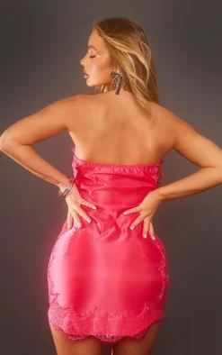 Pink Lace Trim Satin Tailored Bandeau Bodycon Dress