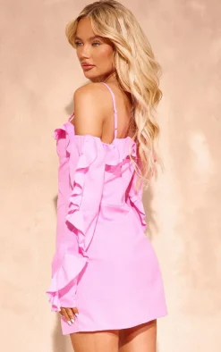 Pink Linen Look Frill Bardot Bodycon Dress
