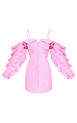 Pink Linen Look Frill Bardot Bodycon Dress