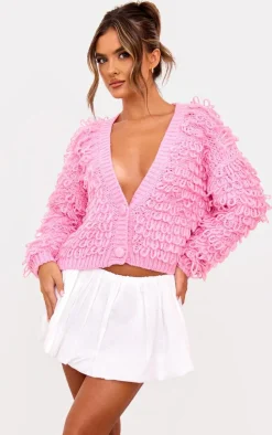 Pink Loop Knit V Neck Button Up Cardigan