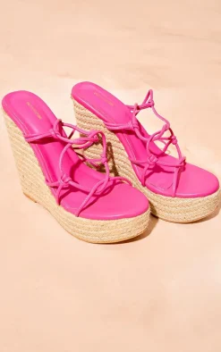 Pink Matte PU Round Toe Strappy Lace Up High Heeled Wedges