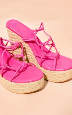 Pink Matte PU Round Toe Strappy Lace Up High Heeled Wedges