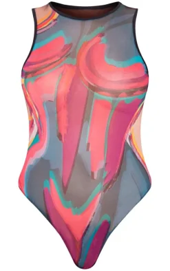 Pink Mesh Body Printed Racer Bodysuit