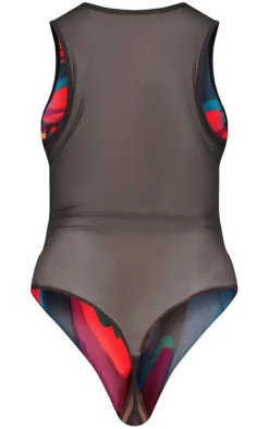 Pink Mesh Body Printed Racer Bodysuit