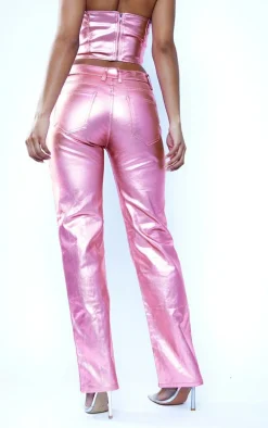 Pink Metallic Coated Denim Straight Leg Jeans