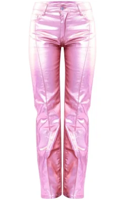 Pink Metallic Coated Denim Straight Leg Jeans