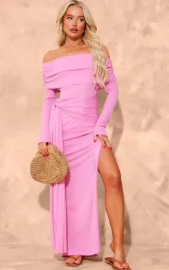 Pink Onion Skin Bardot Tie Waist Maxi Dress