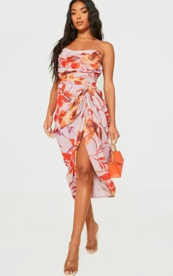 Pink Oriental Floral Print Chiffon Ruched Drape Midi Dress