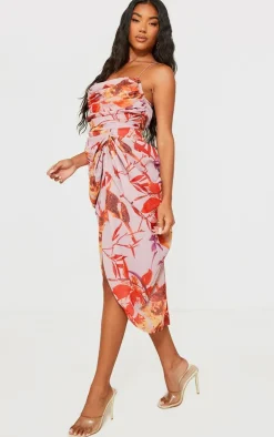 Pink Oriental Floral Print Chiffon Ruched Drape Midi Dress