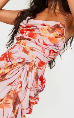 Pink Oriental Floral Print Chiffon Ruched Drape Midi Dress