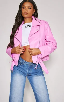 Pink Oversized Faux Leather Quilted Biker Jacket