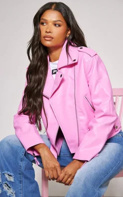 Pink Oversized Faux Leather Quilted Biker Jacket